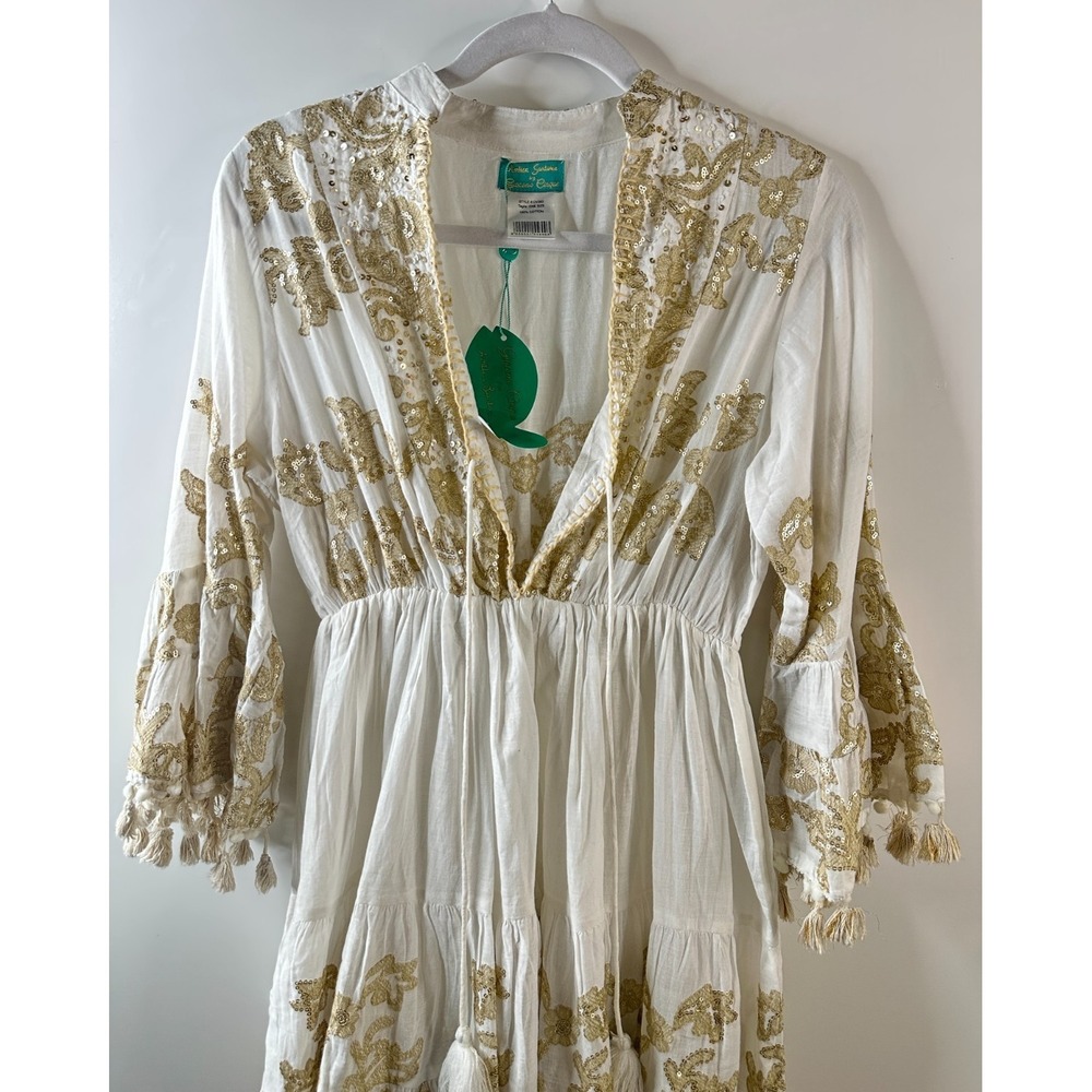 NWT Antica Sartoria Dress One Size White Gold Sequin Tassel Boho Beach Cotton - Picture 3 of 14
